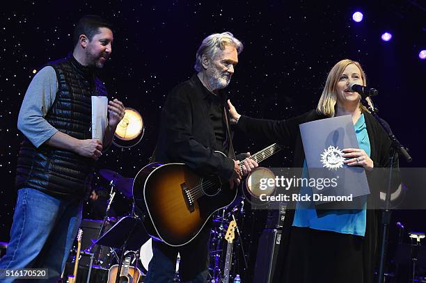 Nashville Mayor Megan Barry honors Kris Kristofferson along side Blackbird Presents CEO Keith Wortman at The Life & Songs of Kris Kristofferson...