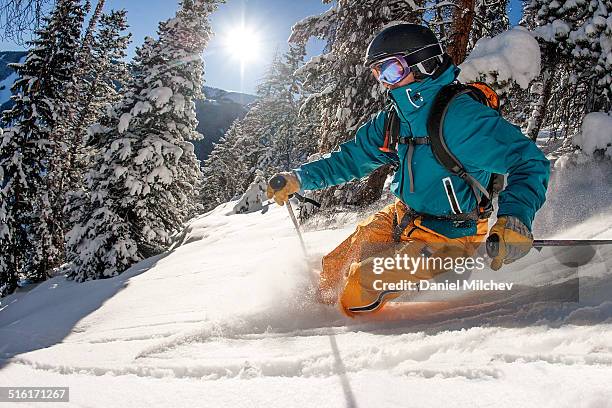 skier skiing powder on a sunny day. - esqui equipamento esportivo - fotografias e filmes do acervo