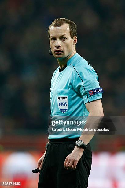 Referee William Collum looks on during the UEFA Europa League round of 16, second leg match between Bayer Leverkusen and Villarreal CF at Bay Arena...