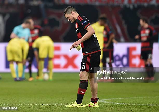 Kyriakos Papadopoulos of Bayer Leverkusen reacts during the UEFA Europa League round of 16, second leg match between Bayer Leverkusen and Villarreal...