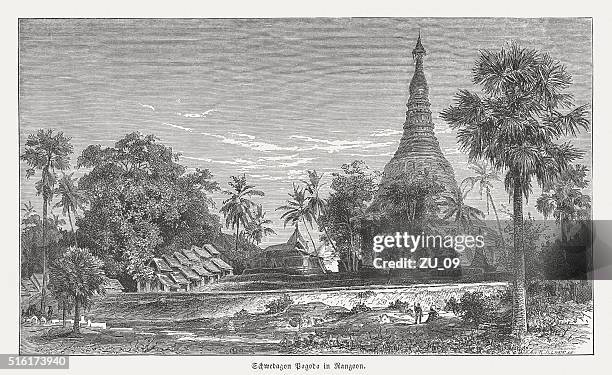 shwedagon pagoda in yangon (rangoon), wood engraving, published in 1873 - shwedagon pagoda stock illustrations