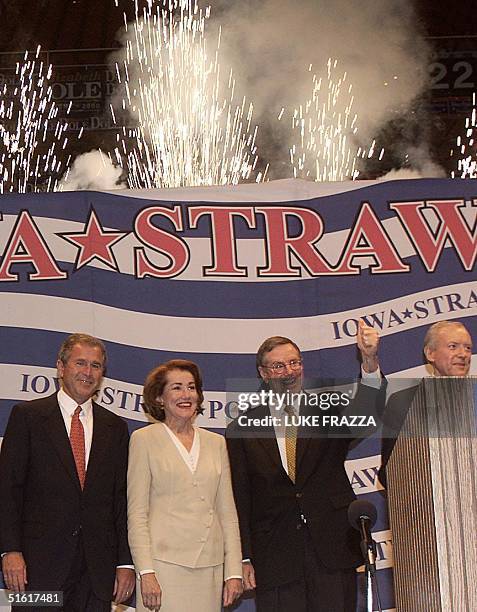 Republican presidential candidates candidates are introduced 14 August 1999 at the Republican Party Straw Poll in Ames, Iowa. From left are: George...