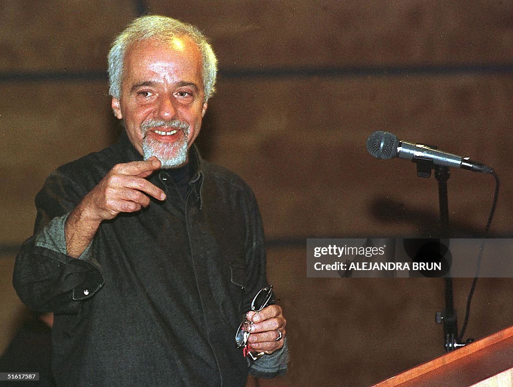 Brazilian writer Paulo Coelho speaks during a conf