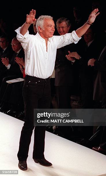 Designer Ralph Lauren acknowledges the crowds' cheers at the end of his fashion show at the Fashion Week Spring 2000 Collections 15 September, 1999...