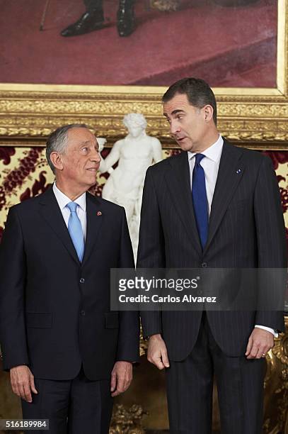 King Felipe VI of Spain receives Portuguese President Marcelo Rebelo de Sousa at the Royal Palace on March 17, 2016 in Madrid, Spain.