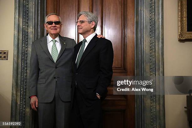 Senate Minority Leader Sen. Harry Reid meets with Supreme Court nominee Merrick Garland March 17, 2016 on Capitol Hill in Washington, DC. Garland is...