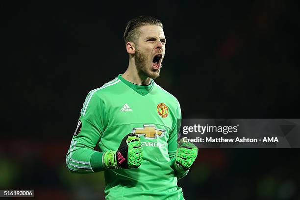 David De Gea of Manchester United celebrates his team's first goal during the UEFA Europa League Round of 16 Second Leg match between Manchester...