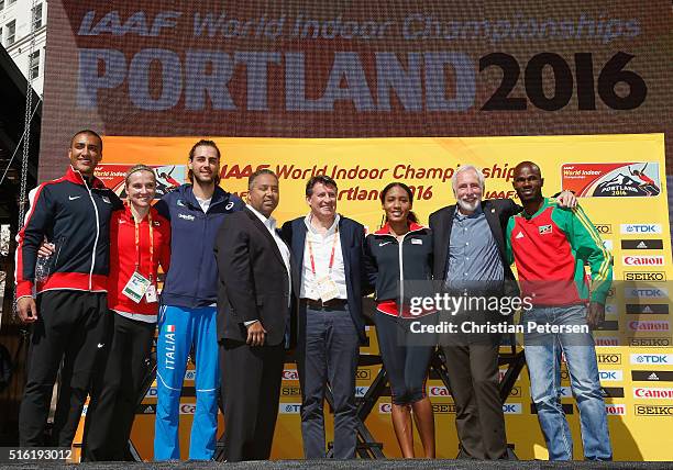 Ashton Eaton of the United States, Brianne Theisen-Eaton of Canada, Gianmarco Tamberi of Italy, USATF CEO Max Siegel, IAAF President Lord Sebastian...