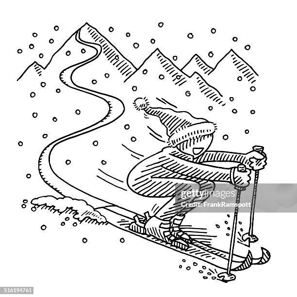 happy skiing winter sport drawing - ski slope stock illustrations