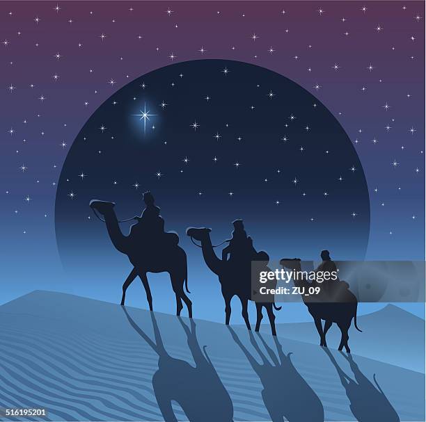 the magi from the east follow the star of bethlehem - three wise men stock illustrations