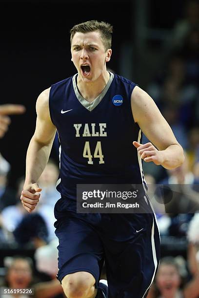 Sam Downey of the Yale Bulldogs reacts in the second half against the Baylor Bears during the first round of the 2016 NCAA Men's Basketball...