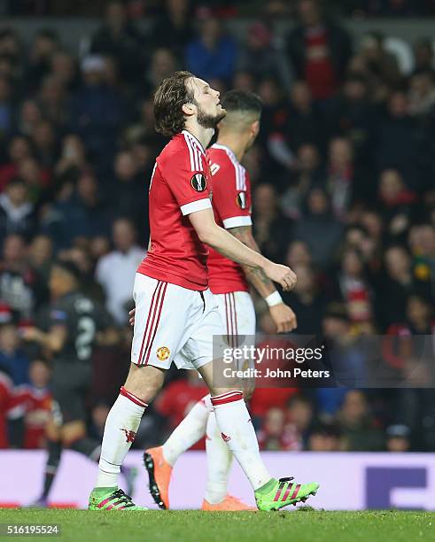 Daley Blind of Manchester United reacts to Philippe Coutinho of Liverpool scoring their first goal during the UEFA Europa League Round of 16 Second...