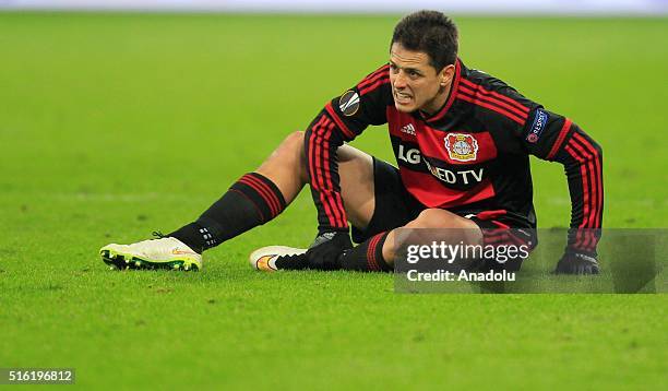 Bayer Leverkusen's Javier Hernandez reacts at the end of the UEFA Europa League round of 16 second leg soccer match between Bayer Leverkusen and...