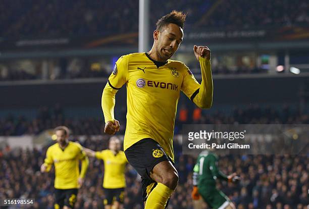Pierre-Emerick Aubameyang of Borussia Dortmund celebrates as he scores their second goal during the UEFA Europa League round of 16, second leg match...