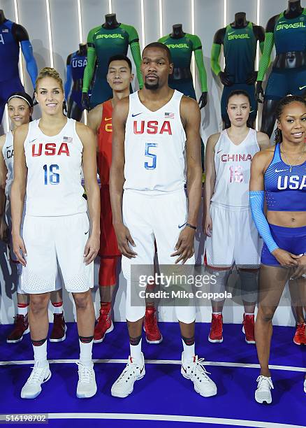 Professional basketball players Elena Delle Donne, Kevin Durant, and Sanya Richards-Ross show off the 2016 Olympics Uniforms For USA And...