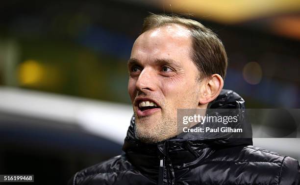 Thomas Tuchel manager of Borussia Dortmund looks on prior to the UEFA Europa League round of 16, second leg match between Tottenham Hotspur and...