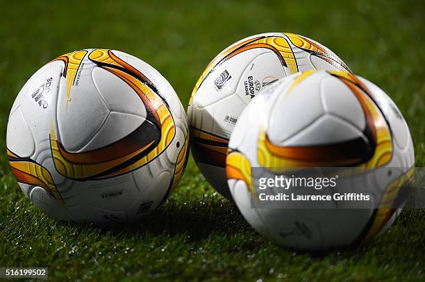 Practice balls are seen prior to the UEFA Europa League round of 16, second leg match between Tottenham Hotspur and Borussia Dortmund at White Hart...