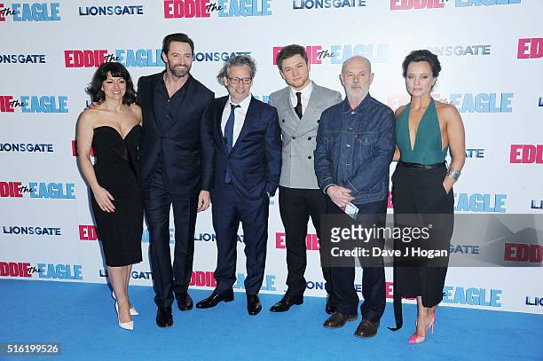 Jo Hartley, Hugh Jackman, Director Dexter Fletcher, Taron Egerton, Keith Allen and Ania Sowinski attend the European premiere of 'Eddie The Eagle' at...