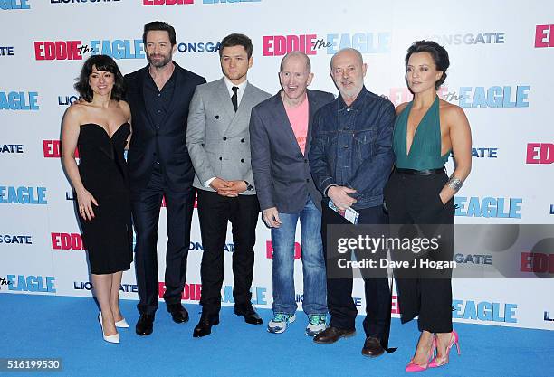 Jo Hartley, Hugh Jackman, Director Dexter Fletcher, Taron Egerton, Keith Allen and Ania Sowinski attend the European premiere of 'Eddie The Eagle' at...