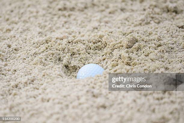 The ball of Adam Scott of Australia sits plugged in a bunker on the 15th hole during the first round of the Arnold Palmer Invitational presented by...