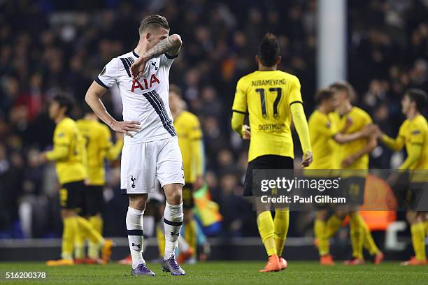 Toby Alderweireld of Tottenham Hotspur reacts after defeat in the UEFA Europa League round of 16, second leg match between Tottenham Hotspur and...