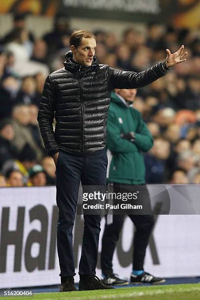 Thomas Tuchel manager of Borussia Dortmund reacts during the UEFA Europa League round of 16, second leg match between Tottenham Hotspur and Borussia...