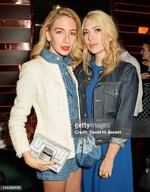 Sabine Getty and Camille Seydoux attend a dinner hosted by Roger Vivier to celebrate the Prismick Denim collection by Camille Seydoux at Casa Cruz on...