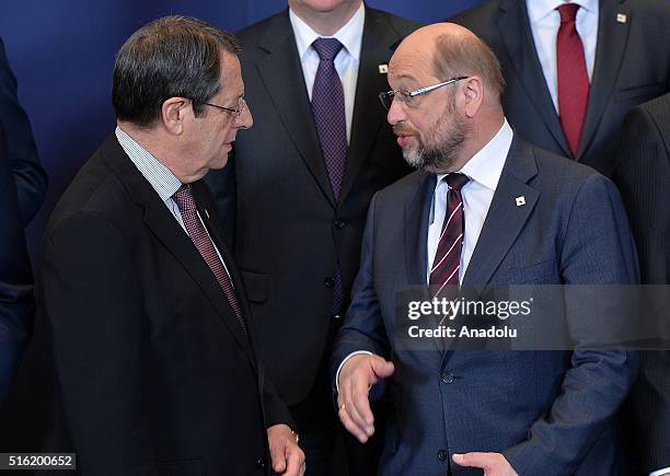 Greek-Cypriot leader Nicos Anastasiades and President of European Parliament Martin Schultz talk together on the first day of two days longn European...
