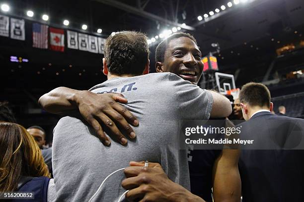 Justin Sears of the Yale Bulldogs reacts after defeating the Baylor Bears 79-75 during the first round of the 2016 NCAA Men's Basketball Tournament...