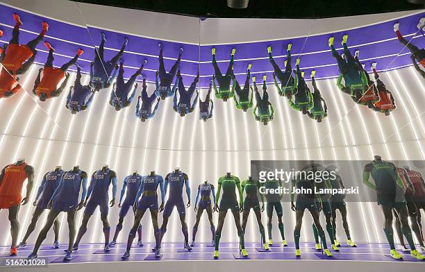 China, USA and Brasil Olympic Team uniforms on display during the 2016 Olympics Uniforms for USA and International Federations debut at Skylight at...