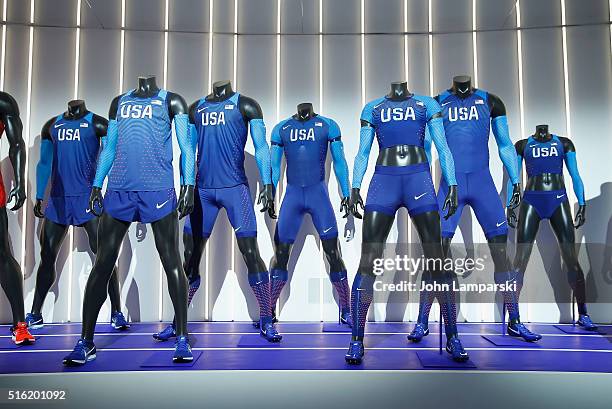 Olympic Team uniforms on display during the 2016 Olympics Uniforms for USA and International Federations debut at Skylight at Moynihan Station on...