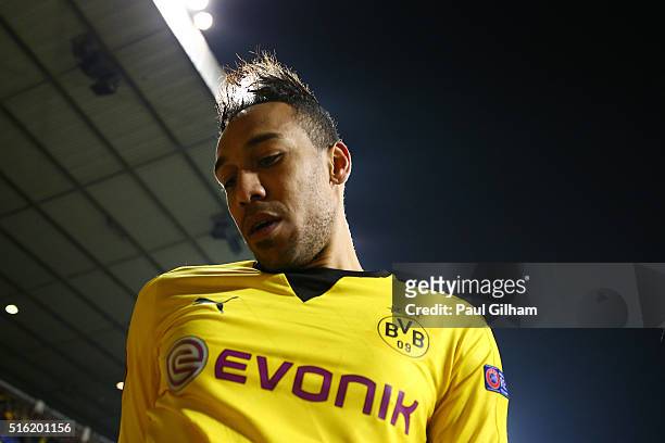 Pierre-Emerick Aubameyang of Borussia Dortmund celebrates victory with their fans after the UEFA Europa League round of 16, second leg match between...