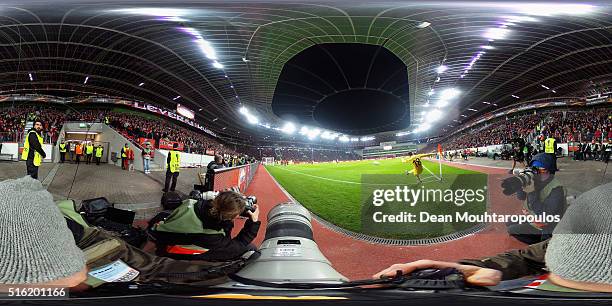 Denis Suarez of Villareal takes a croner during the UEFA Europa League round of 16, second leg match between Bayer Leverkusen and Villarreal CF at...