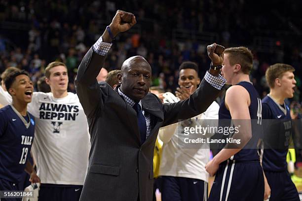 Head Coach James Jones of the Yale Bulldogs celebrates following their 79-75 victory against the Baylor Bears during the first round of the 2016 NCAA...
