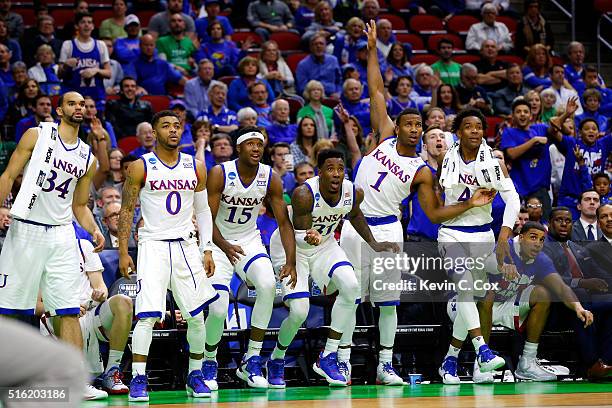 The Kansas Jayhawks bench reacts to a play late in the second half against the Austin Peay Governors during the first round of the 2016 NCAA Men's...