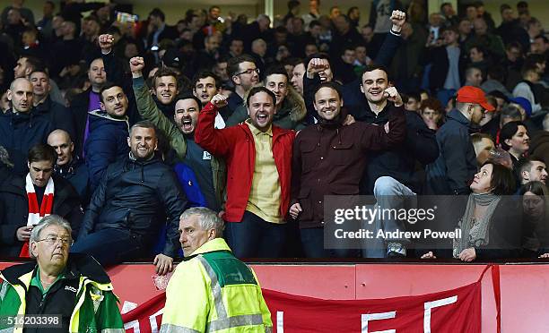 Fans of Liverpool during the UEFA Europa League Round of 16: Second Leg match between Manchester United and Liverpool at Old Trafford on March 17,...