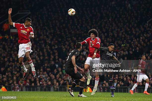 Marcus Rashford of Manchester United rises for a header during the UEFA Europa League Round of 16 Second Leg match between Manchester United and...