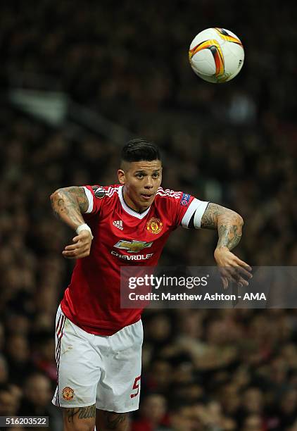 Marcos Rojo of Manchester United takes a throw-in during the UEFA Europa League Round of 16 Second Leg match between Manchester United and Liverpool...