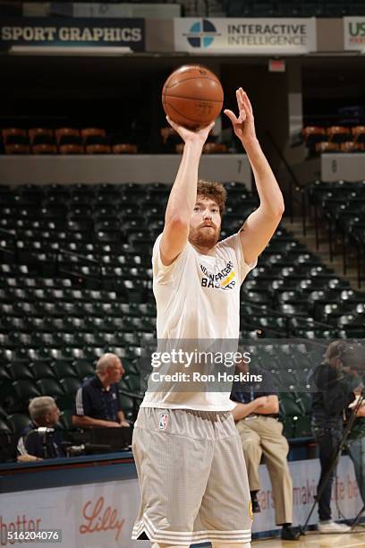 Shayne Whittington of the Indiana Pacers warms up before the game against the Toronto Raptors on March 17, 2016 at Bankers Life Fieldhouse in...