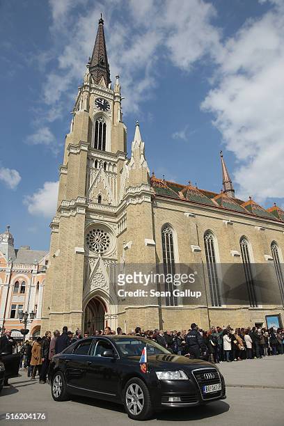 The limousine that will carry Prince Charles, Prince of Wales and Camilla, Duchess of Cornwall waits for them next to The Name of Mary Church on...