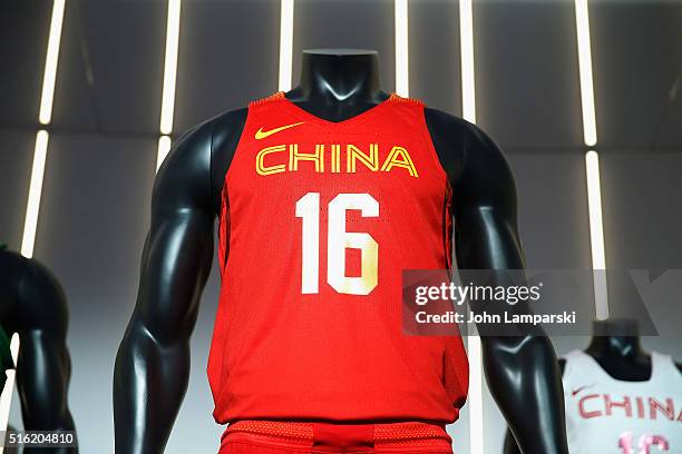 China Olympic uniform on display the 2016 Olympics Uniforms for USA and International Federations debut at Skylight at Moynihan Station on March 17,...