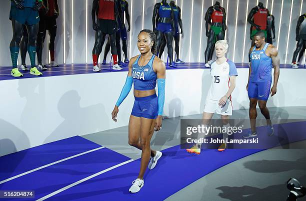 Olympians Sanya Richards-Ross and Megan Rapione attend the 2016 Olympics Uniforms for USA and International Federations debut at Skylight at Moynihan...