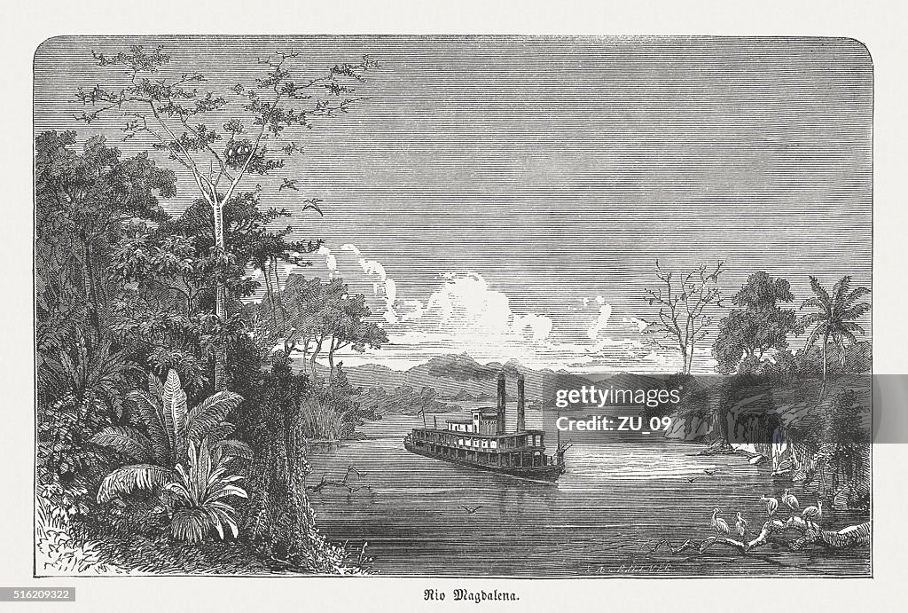 Steam ship on the Magdalena River, Colombia, published in 1873