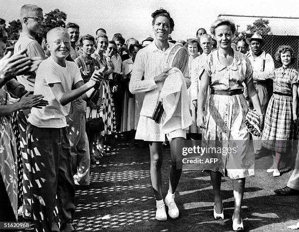 This file picture from the mid 1950's shows US tennis player Althea Gibson . According to reports, Gibson, the first black to play at US...