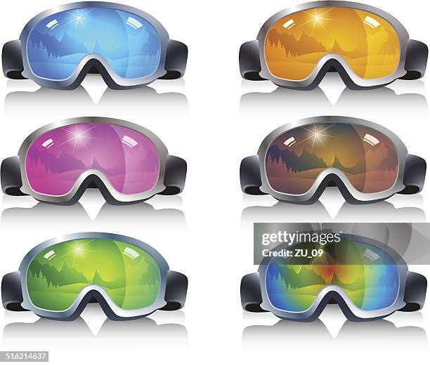 ski glasses in different colors with mirror images of mountains - ski goggles stock illustrations