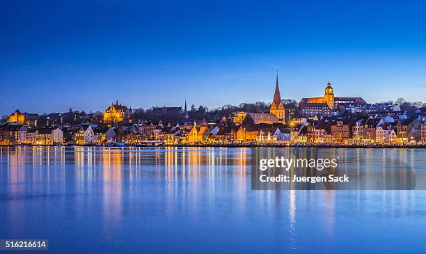 night over flensburg and flensburg fjord - flensburg stock pictures, royalty-free photos & images