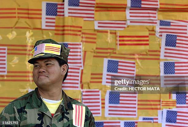 Duc Tan Nguyen, a Vietnamese immigrant, stands near the entrance of a video shop covered with US and Vietnam flags 27 February in Little Saigon,...