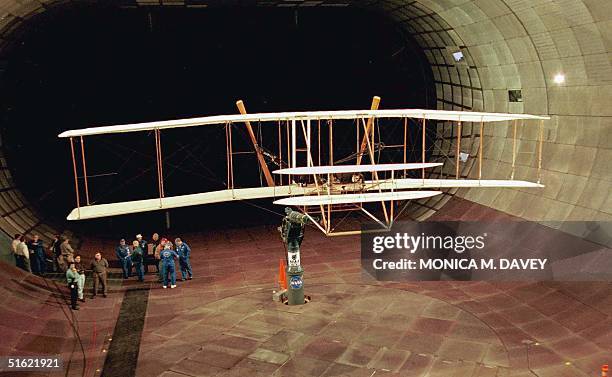 Replica of the historic 1903 Wright Flyer sits in a wind tunnel as members of the Wright Flyer project and NASA prepare to test the plane to learn...