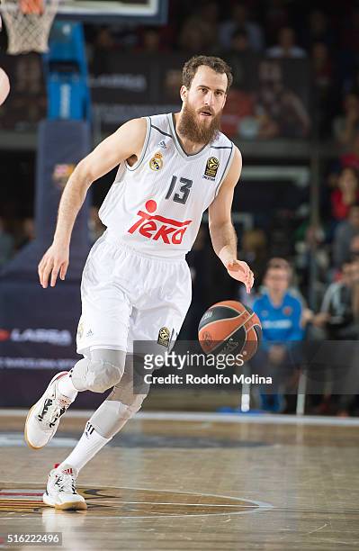 Sergio Rodriguez, #13 of Real Madrid in action during the 2015-2016 Turkish Airlines Euroleague Basketball Top 16 Round 11 game between FC Barcelona...