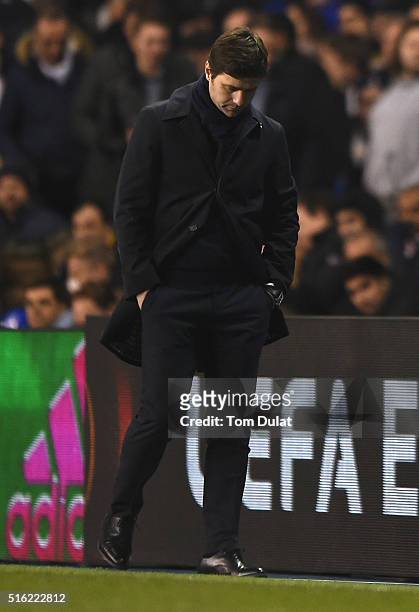 Head Coach of Tottenham Hotspur, Mauricio Pochettino looks dejected during the UEFA Europa League Round of 16 Second Leg match between Tottenham...